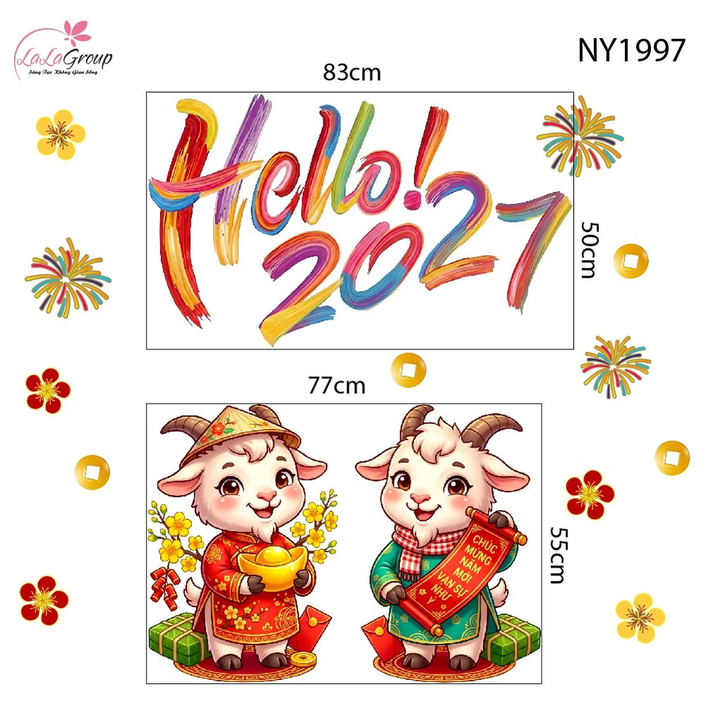 Decal Trang Trí Tết Hello 2027 Song Mùi Phúc Lộc An Khang