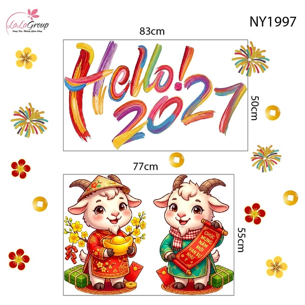 Combo Decal Trang Trí Tết Hello 2027 Song Mùi Phúc Lộc An Khang
