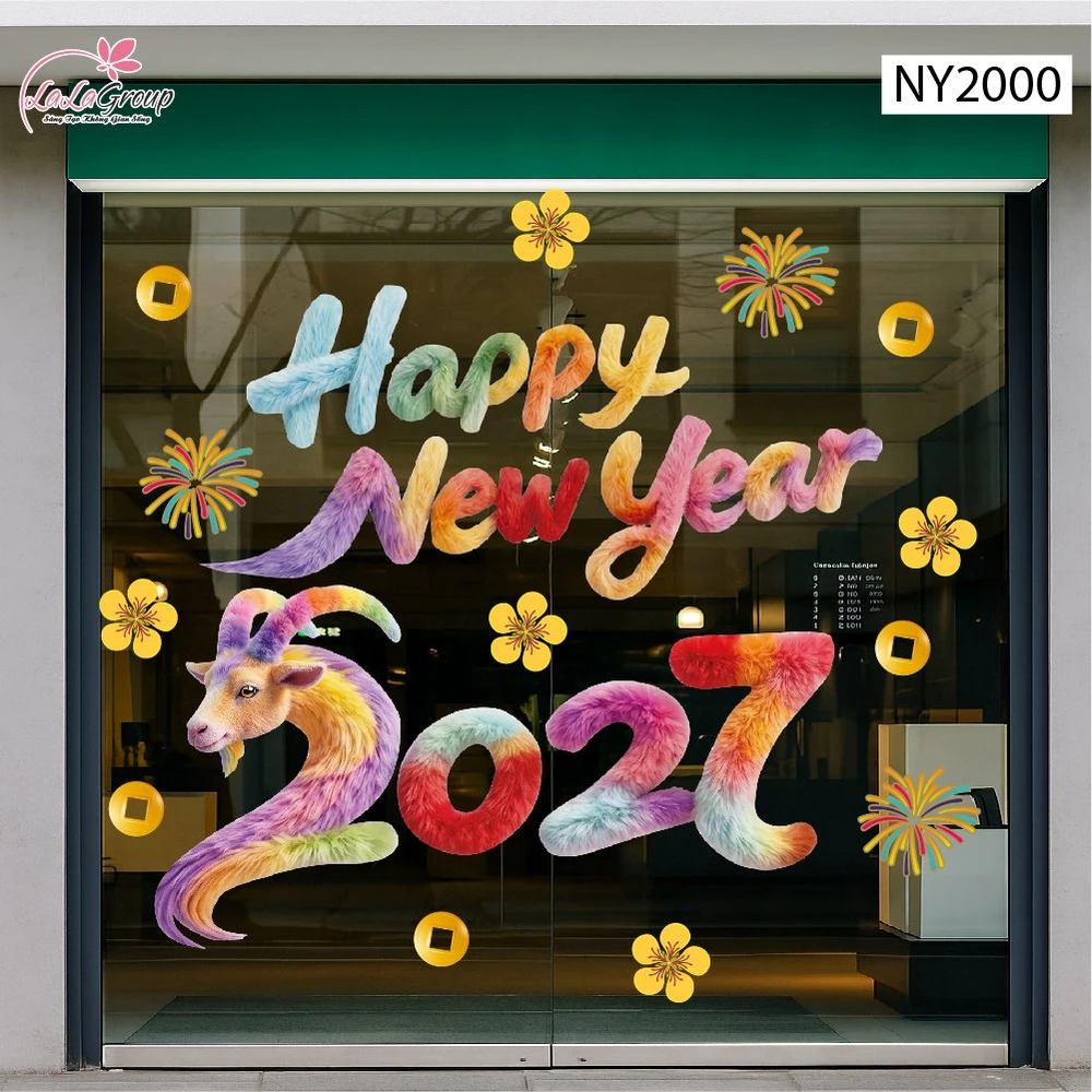 Decal Trang Trí Tết Happy New Year Đinh Mùi 2027 Sắc Màu May Mắn