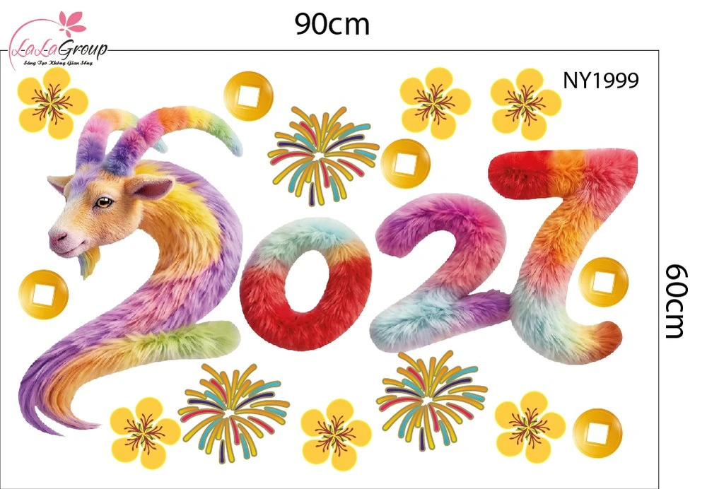Decal Trang Trí Tết Happy New Year Đinh Mùi 2027 Sắc Màu May Mắn