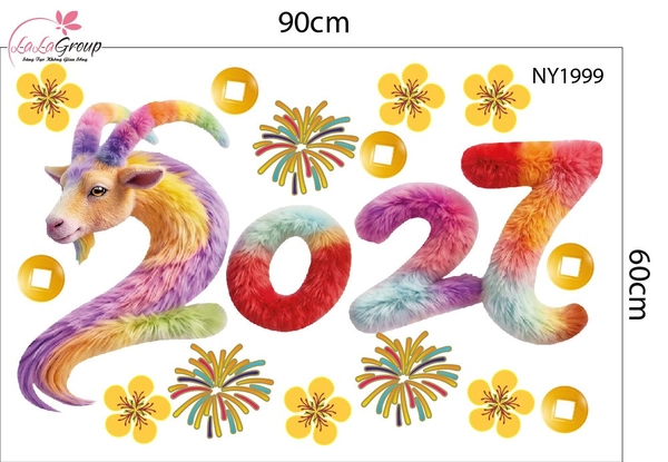 Combo Decal Trang Trí Tết Happy New Year Đinh Mùi 2027 Sắc Màu May Mắn