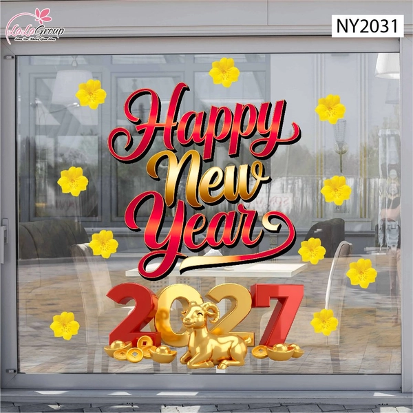 Decal Trang Trí Tết Happy New Year Và Đinh Mùi Vàng