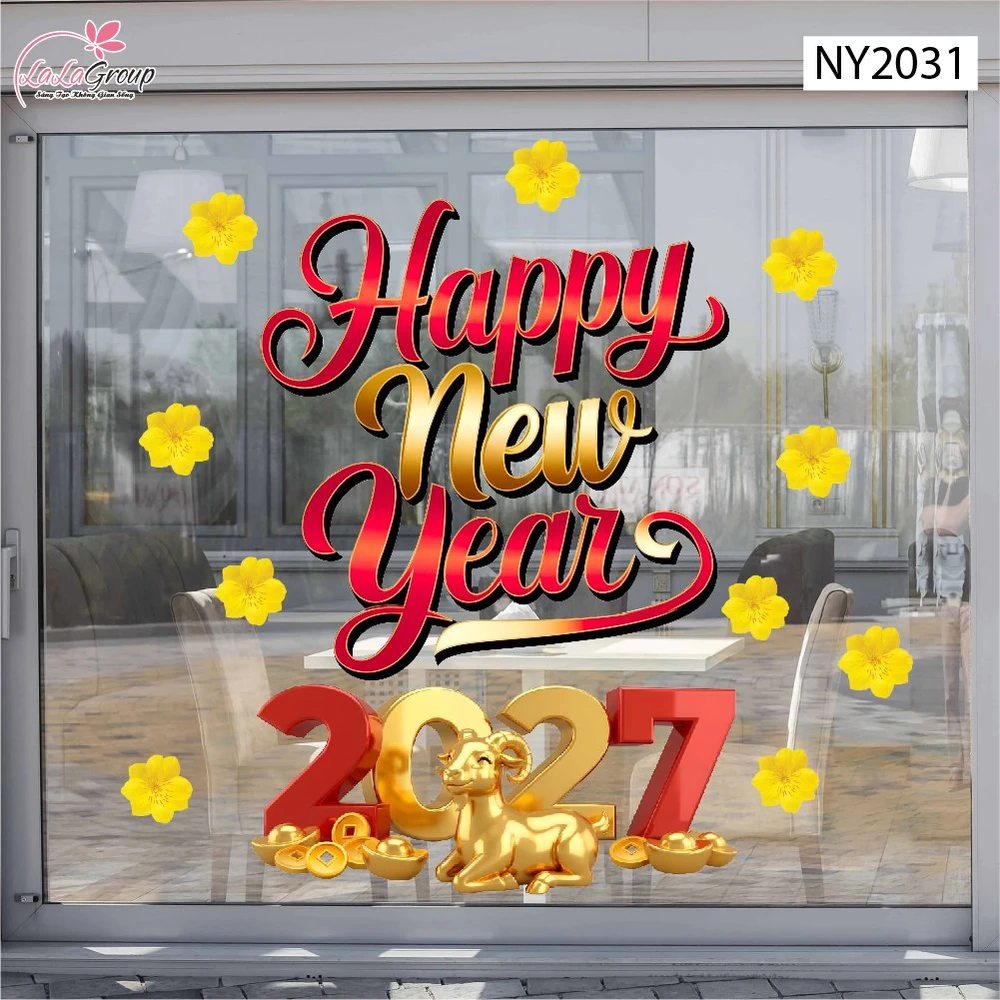 Decal Trang Trí Tết Happy New Year Và Đinh Mùi Vàng