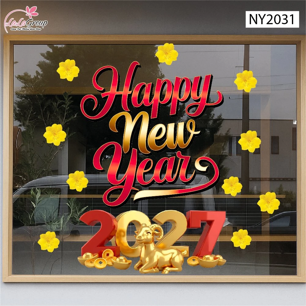 Decal Trang Trí Tết Happy New Year Và Đinh Mùi Vàng