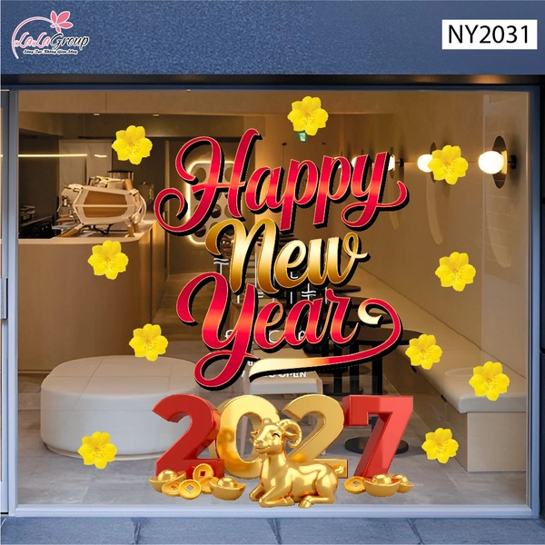 Decal Trang Trí Tết Happy New Year Và Đinh Mùi Vàng