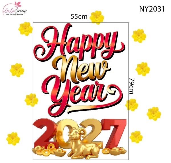 Decal Trang Trí Tết Happy New Year Và Đinh Mùi Vàng