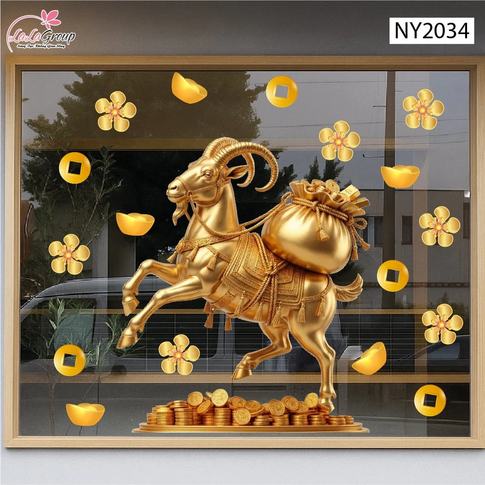 Decal Trang Trí Tết Dê Vàng Cõng Túi Tài Lộc