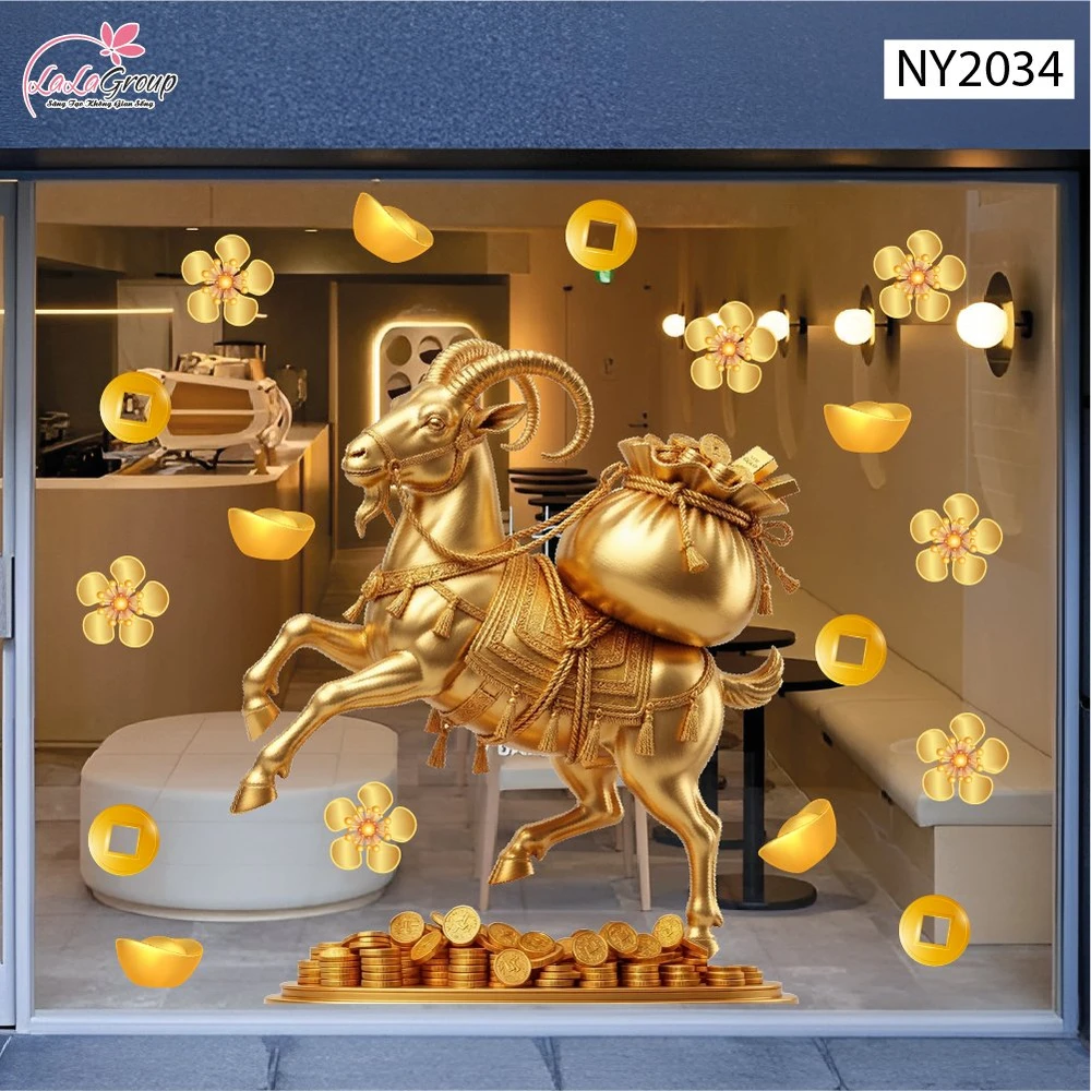 Decal Trang Trí Tết Dê Vàng Cõng Túi Tài Lộc