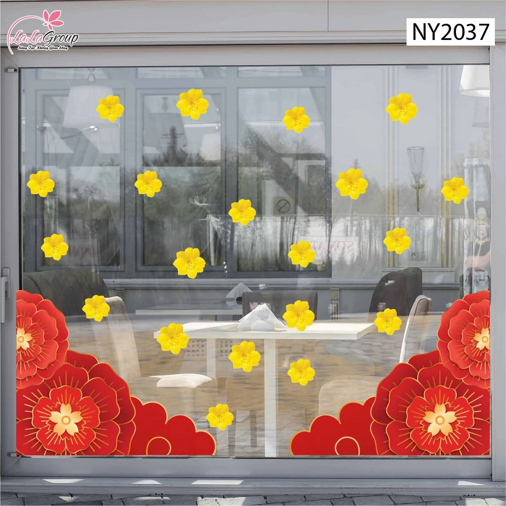 Decal Trang Trí Tết Chân Tường Hoa Đỏ Khai Xuân Phú Quý
