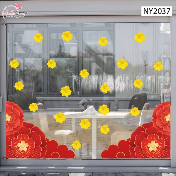 Decal Trang Trí Tết Chân Tường Hoa Đỏ Khai Xuân Phú Quý