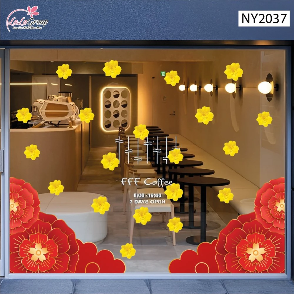 Decal Trang Trí Tết Chân Tường Hoa Đỏ Khai Xuân Phú Quý