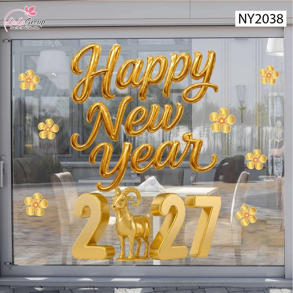 Decal Trang Trí Tết Happy New Year 2027 Cùng Linh Vật Kim Mùi Hiện Đại