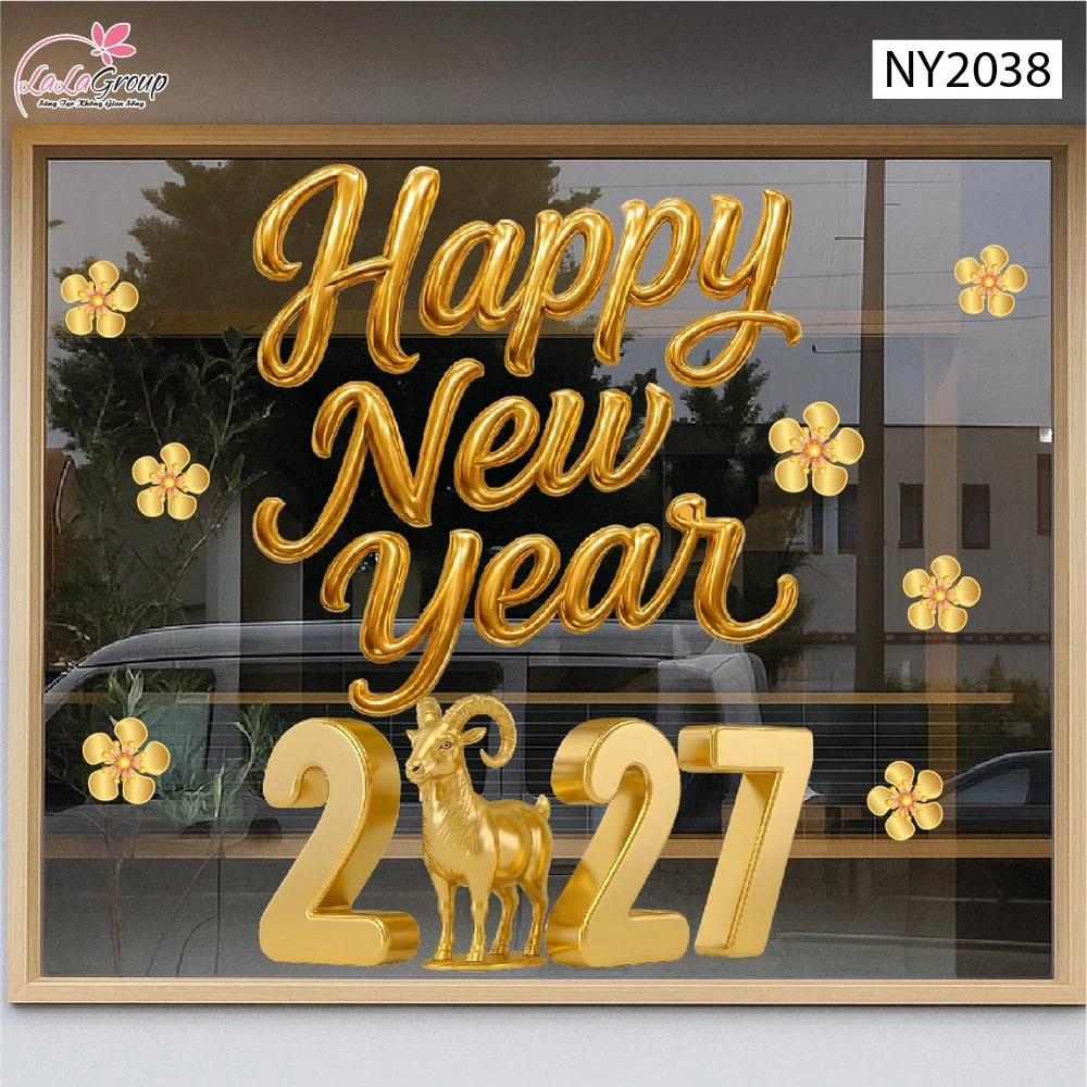 Decal Trang Trí Tết Happy New Year 2027 Cùng Linh Vật Kim Mùi Hiện Đại