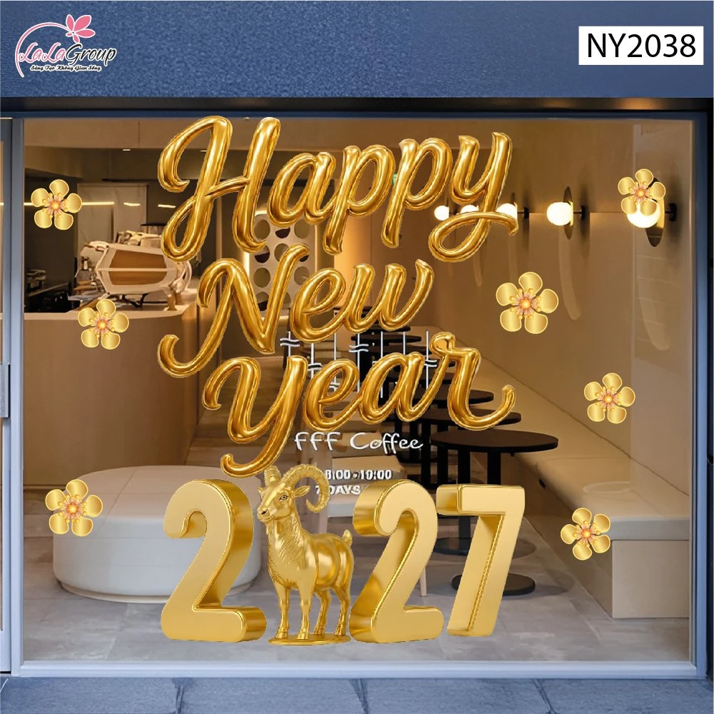 Decal Trang Trí Tết Happy New Year 2027 Cùng Linh Vật Kim Mùi Hiện Đại