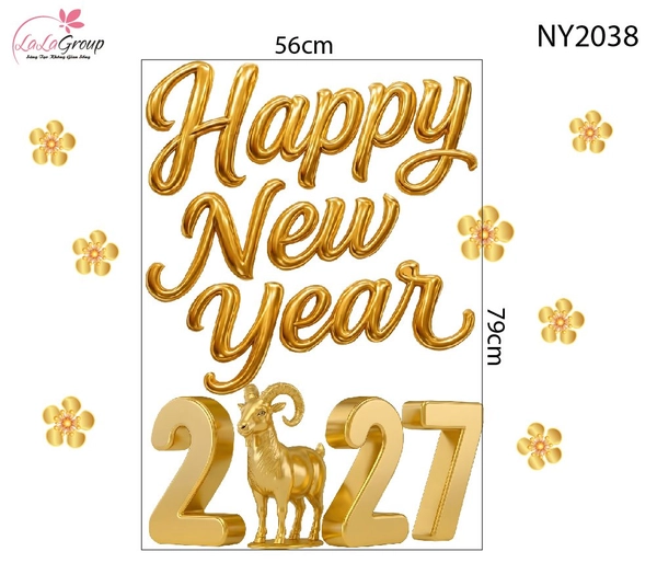 Decal Trang Trí Tết Happy New Year 2027 Cùng Linh Vật Kim Mùi Hiện Đại