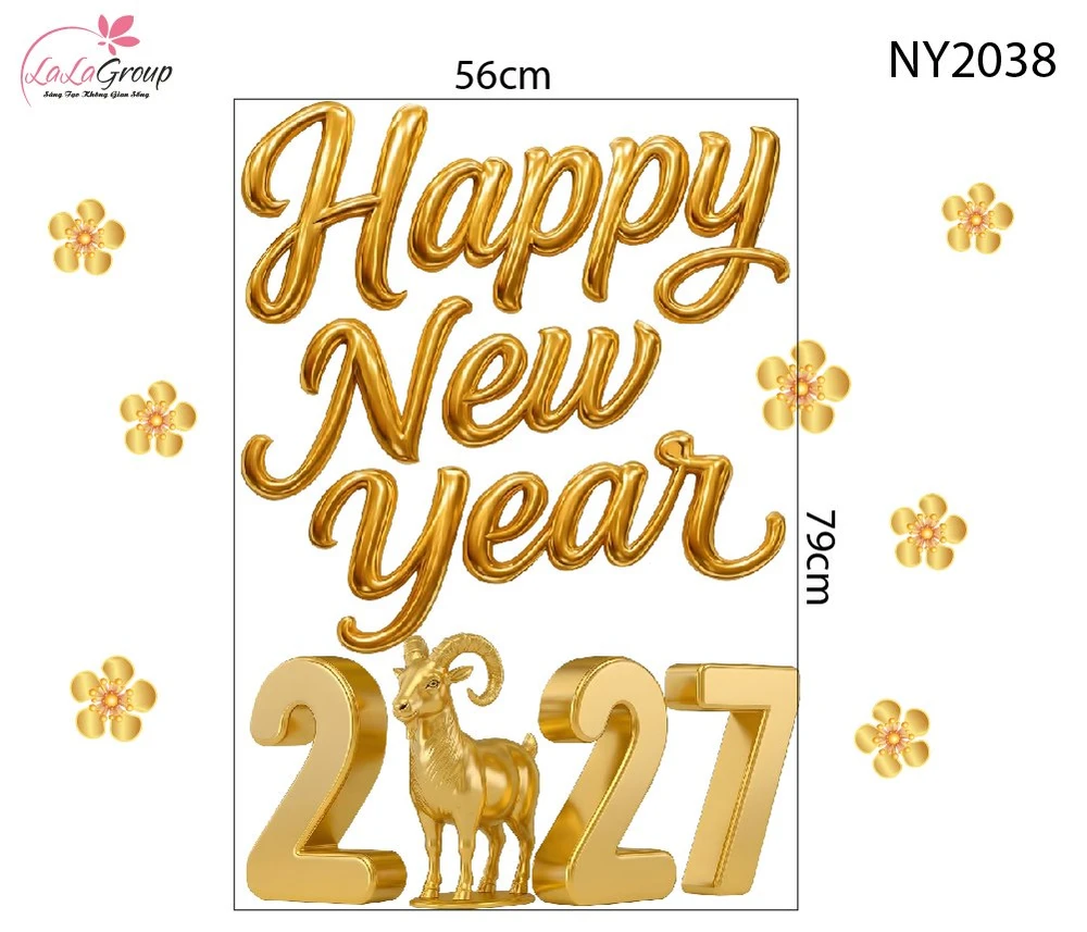 Decal Trang Trí Tết Happy New Year 2027 Cùng Linh Vật Kim Mùi Hiện Đại
