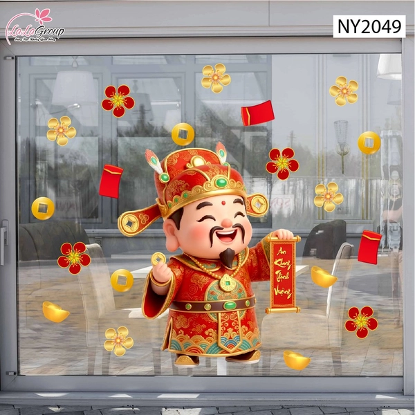 Decal Trang Trí Tết Thần Tài Cầm Câu Đối Đón Lộc