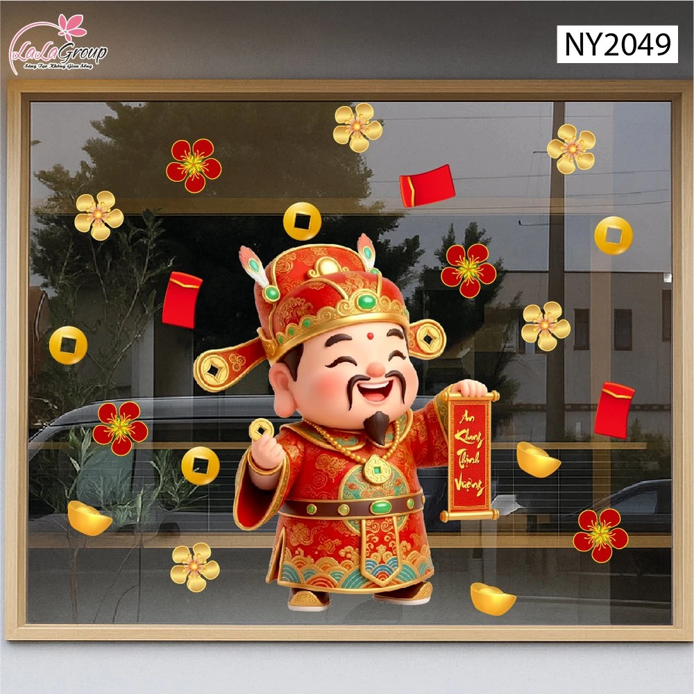 Decal Trang Trí Tết Thần Tài Cầm Câu Đối Đón Lộc