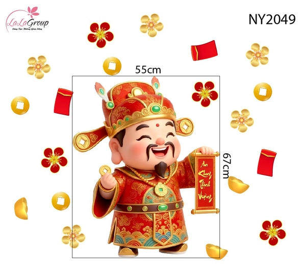Decal Trang Trí Tết Thần Tài Cầm Câu Đối Đón Lộc