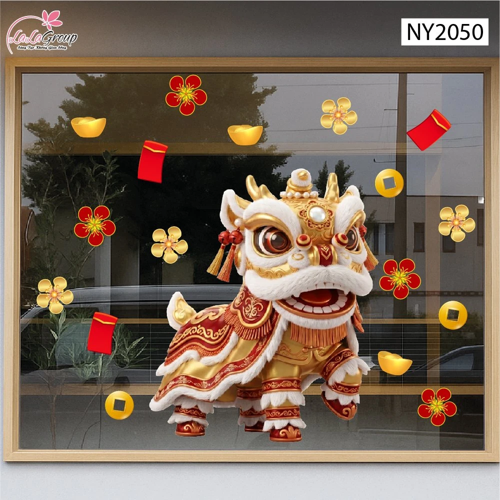 Decal Trang Trí Tết Lân Vàng Rước Lộc Đầu Xuân