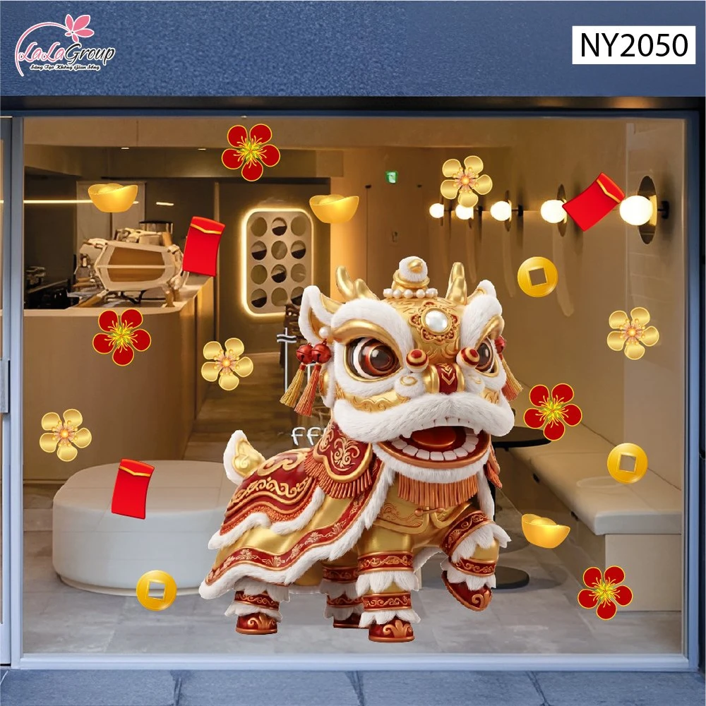 Decal Trang Trí Tết Lân Vàng Rước Lộc Đầu Xuân