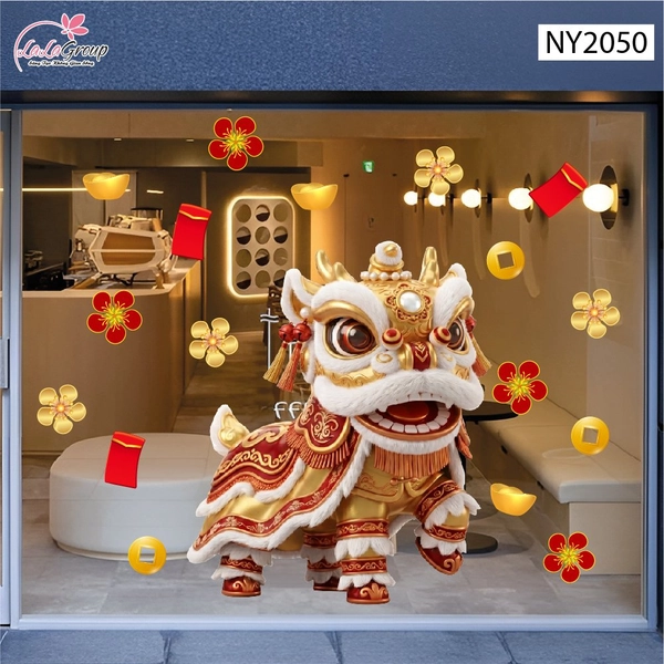 Decal Trang Trí Tết Lân Vàng Rước Lộc Đầu Xuân