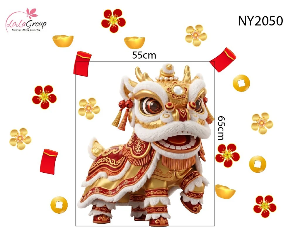 Decal Trang Trí Tết Lân Vàng Rước Lộc Đầu Xuân