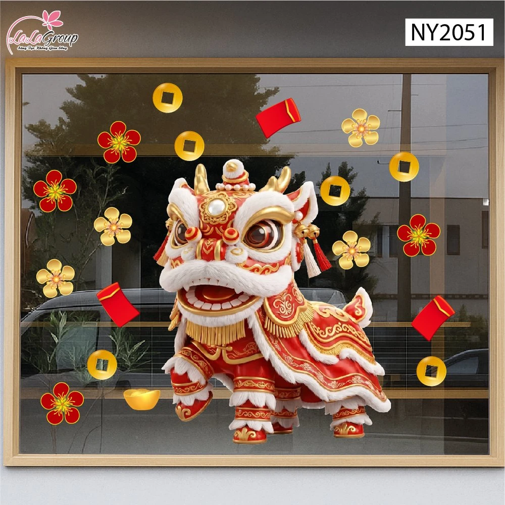 Decal Trang Trí Tết Lân Đỏ Rước Lộc Đầu Xuân