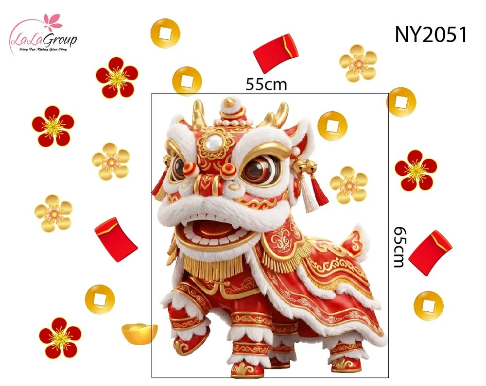Decal Trang Trí Tết Lân Đỏ Rước Lộc Đầu Xuân