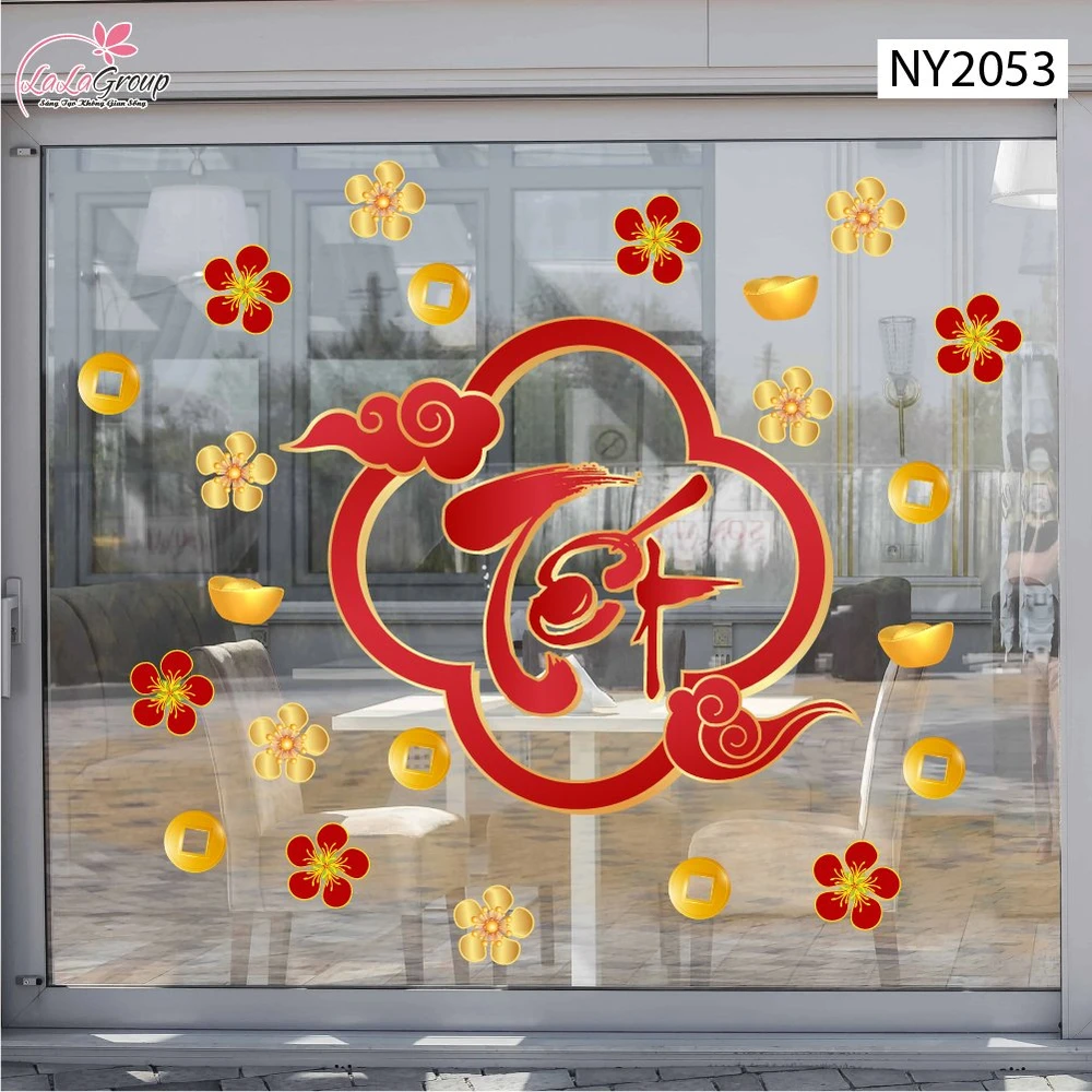 Decal Trang Trí Tết Chữ Tết Thư Pháp Khung Khánh Mây