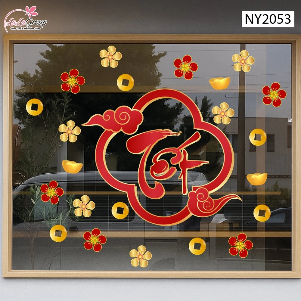 Decal Trang Trí Tết Chữ Tết Thư Pháp Khung Khánh Mây