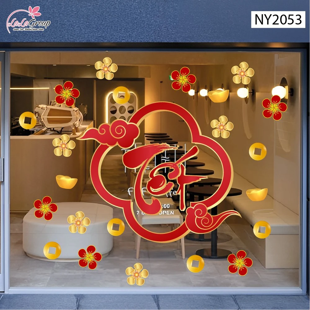 Decal Trang Trí Tết Chữ Tết Thư Pháp Khung Khánh Mây