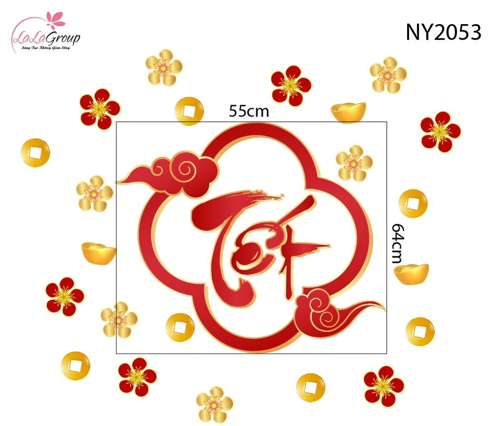 Decal Trang Trí Tết Chữ Tết Thư Pháp Khung Khánh Mây