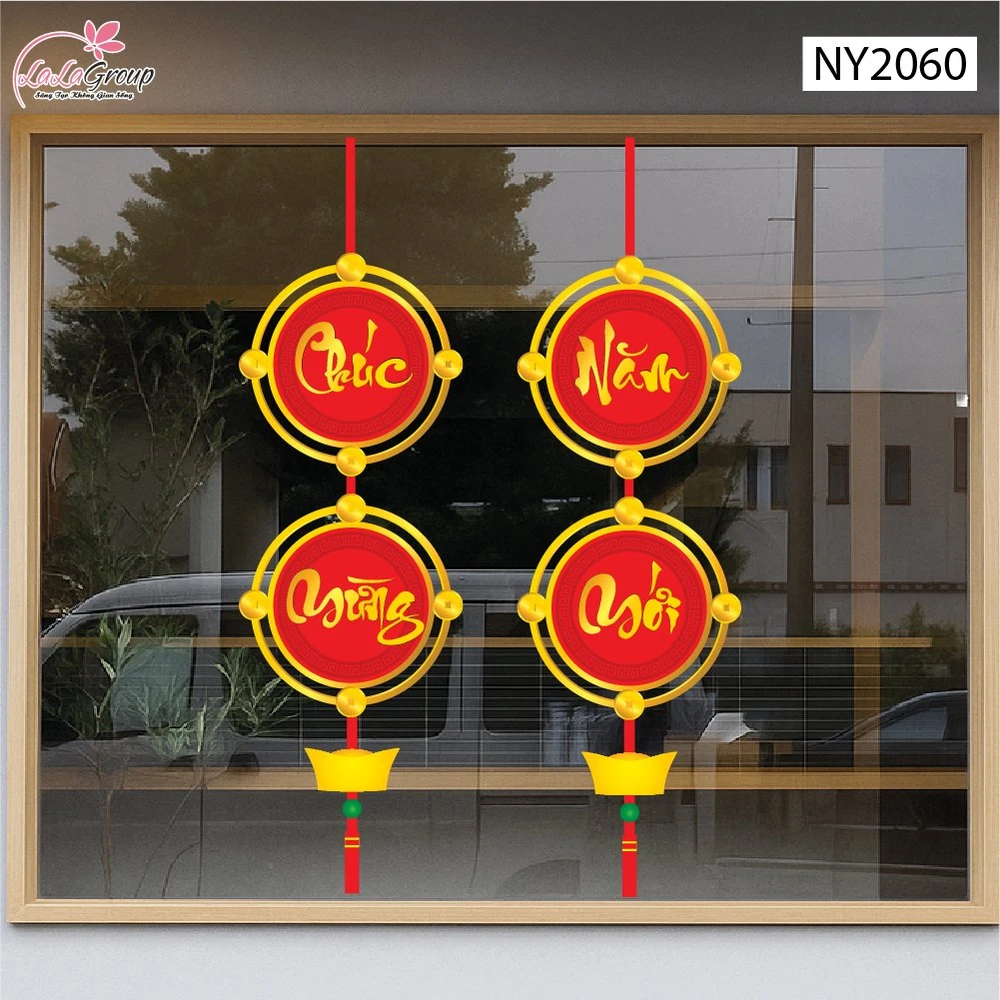 Decal Trang Trí Tết Cặp Liễn Đồng Xu Chúc Mừng Năm Mới