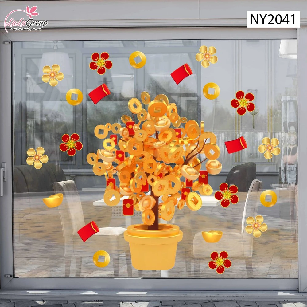 Decal Trang Trí Tết Cây Tài Lộc Vàng Phú Quý