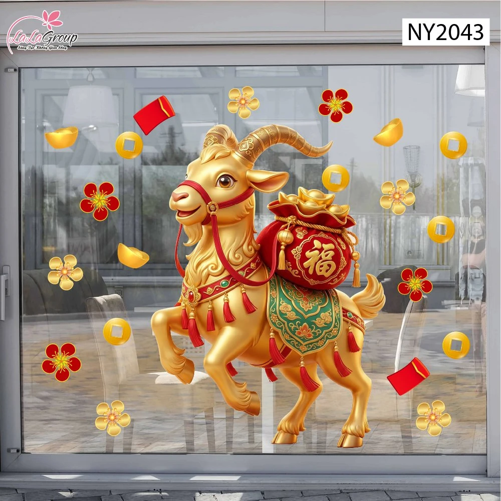Decal Trang Trí Tết Dê Vàng Rước Lộc Đón Xuân