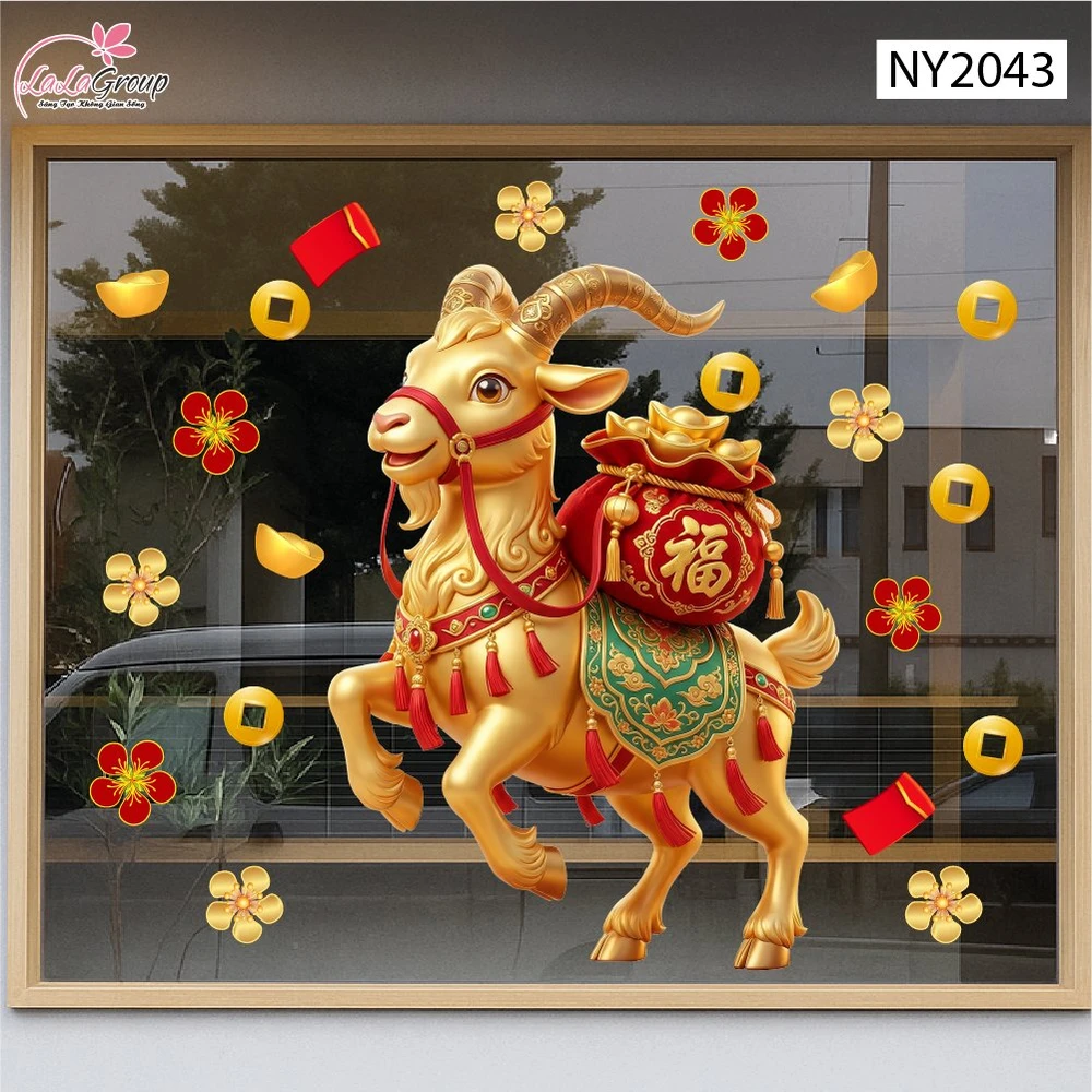 Decal Trang Trí Tết Dê Vàng Rước Lộc Đón Xuân