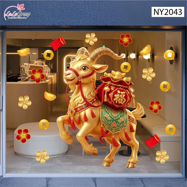 Decal Trang Trí Tết Dê Vàng Rước Lộc Đón Xuân