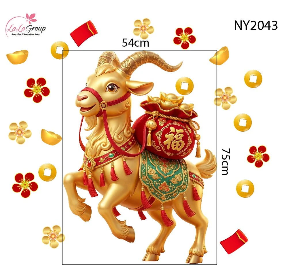 Decal Trang Trí Tết Dê Vàng Rước Lộc Đón Xuân