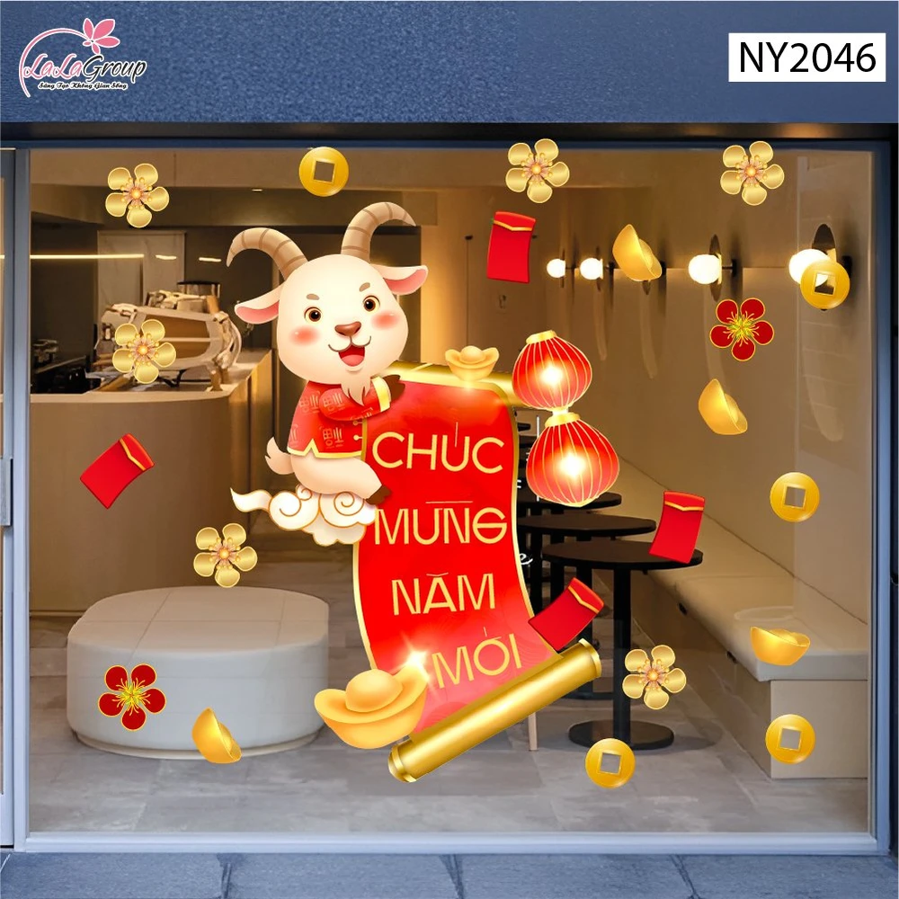 Decal Trang Trí Tết Dê Con May Mắn Đón Năm Mới