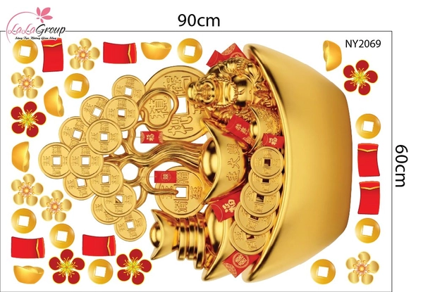 Decal Trang Trí Tết Chậu Cây Kim Tiền Cát Tường