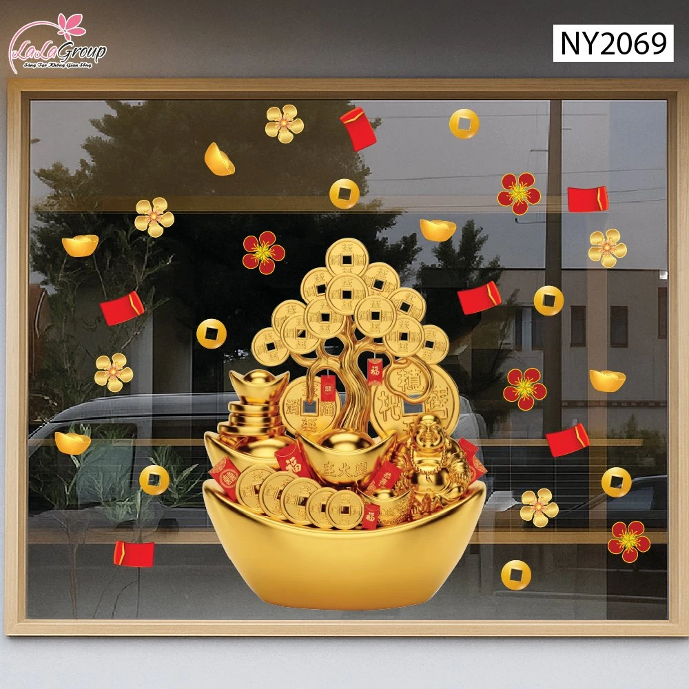 Decal Trang Trí Tết Chậu Cây Kim Tiền Cát Tường