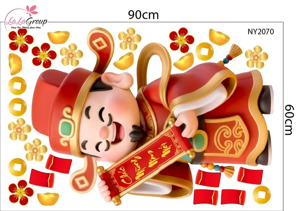 Decal Trang Trí Tết Thần Tài Cầm Câu Đối Chúc Mừng Năm Mới