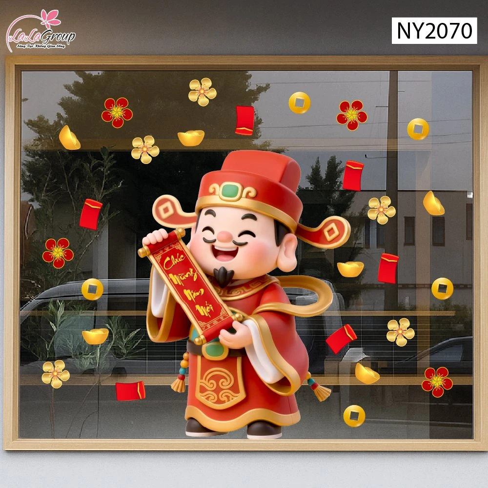 Decal Trang Trí Tết Thần Tài Cầm Câu Đối Chúc Mừng Năm Mới