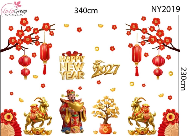 Combo Decal Trang Trí Tết Happy New Year Đinh Mùi Phúc Lộc Thịnh Vượng