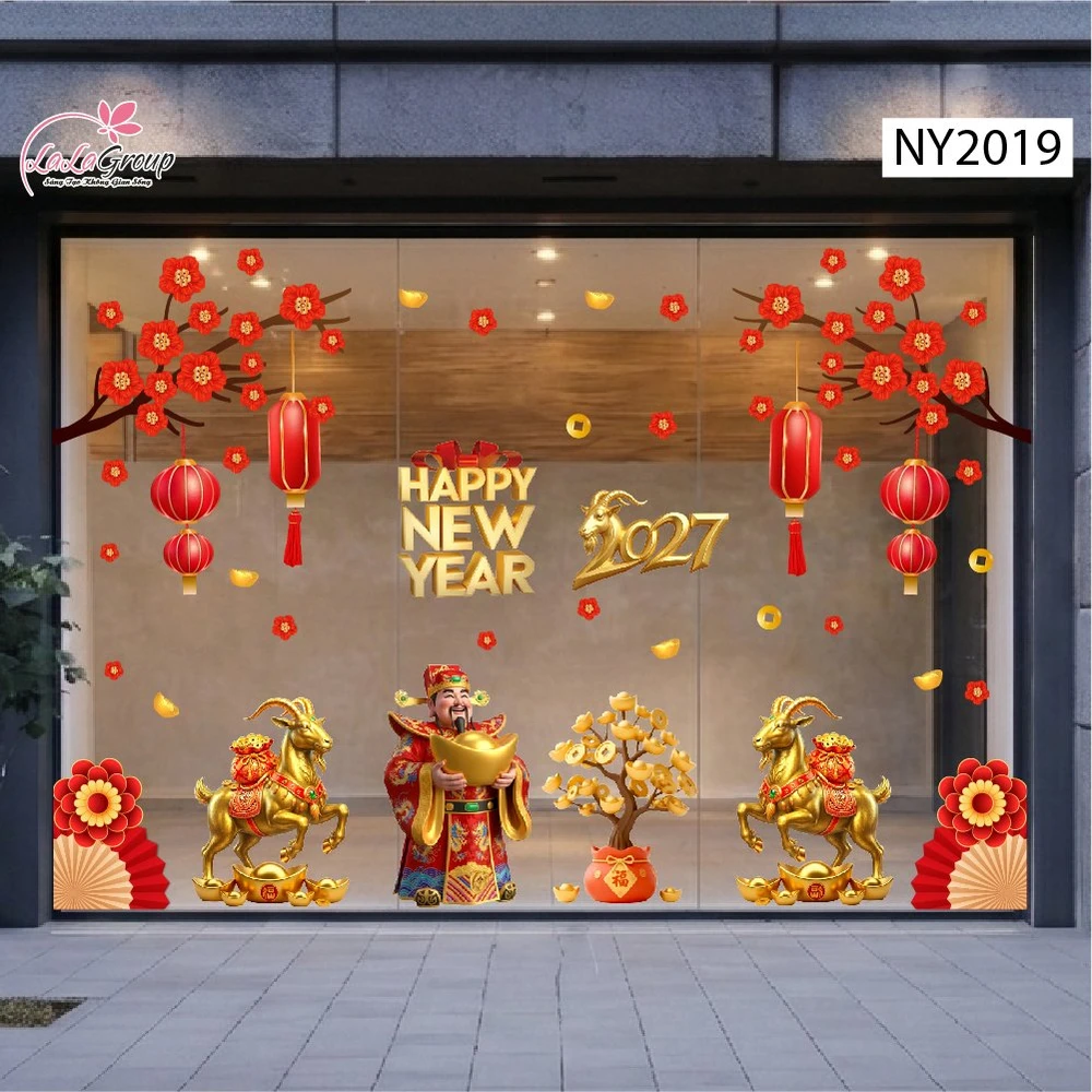 Combo Decal Trang Trí Tết Happy New Year Đinh Mùi Phúc Lộc Thịnh Vượng
