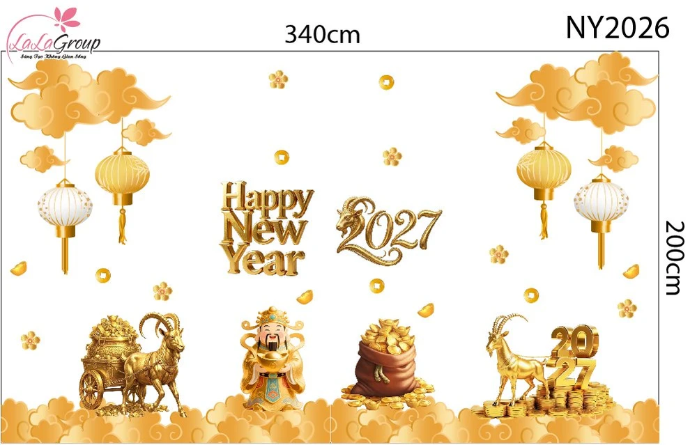 Combo Decal Trang Trí Tết 2027 Happy New Year Kim Mùi Phú Quý