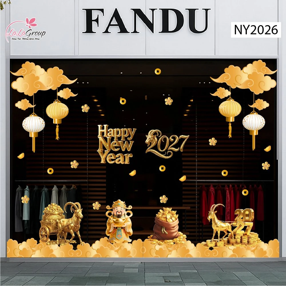 Combo Decal Trang Trí Tết 2027 Happy New Year Kim Mùi Phú Quý