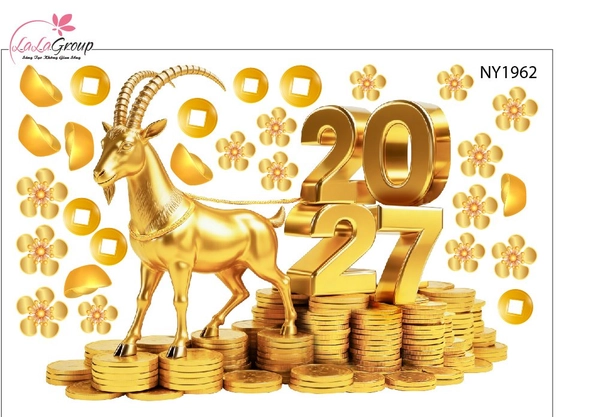 Combo Decal Trang Trí Tết 2027 Happy New Year Kim Mùi Phú Quý