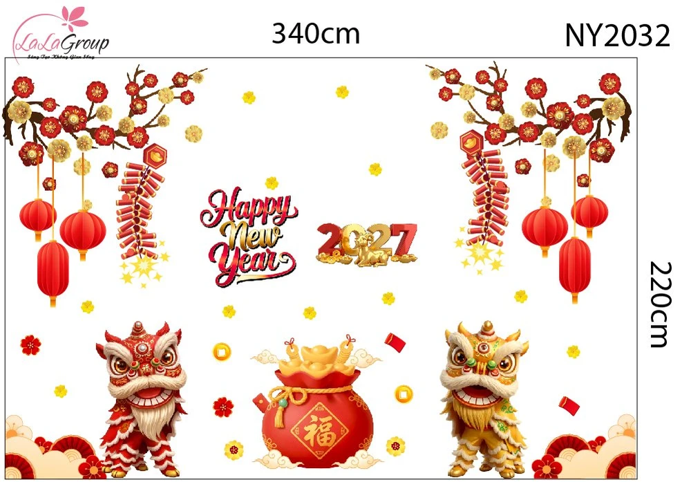 Combo Decal Trang Trí Tết Happy New Year Lân Sư Đón Lộc Phúc Khí Cát Tường